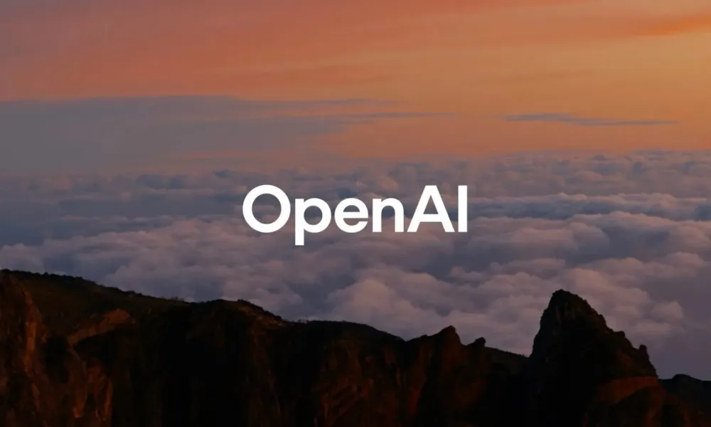 Pemandangan pegunungan yang indah dengan latar langit senja, dengan lapisan awan menutupi cakrawala. Kata OpenAI terpampang jelas di langit.