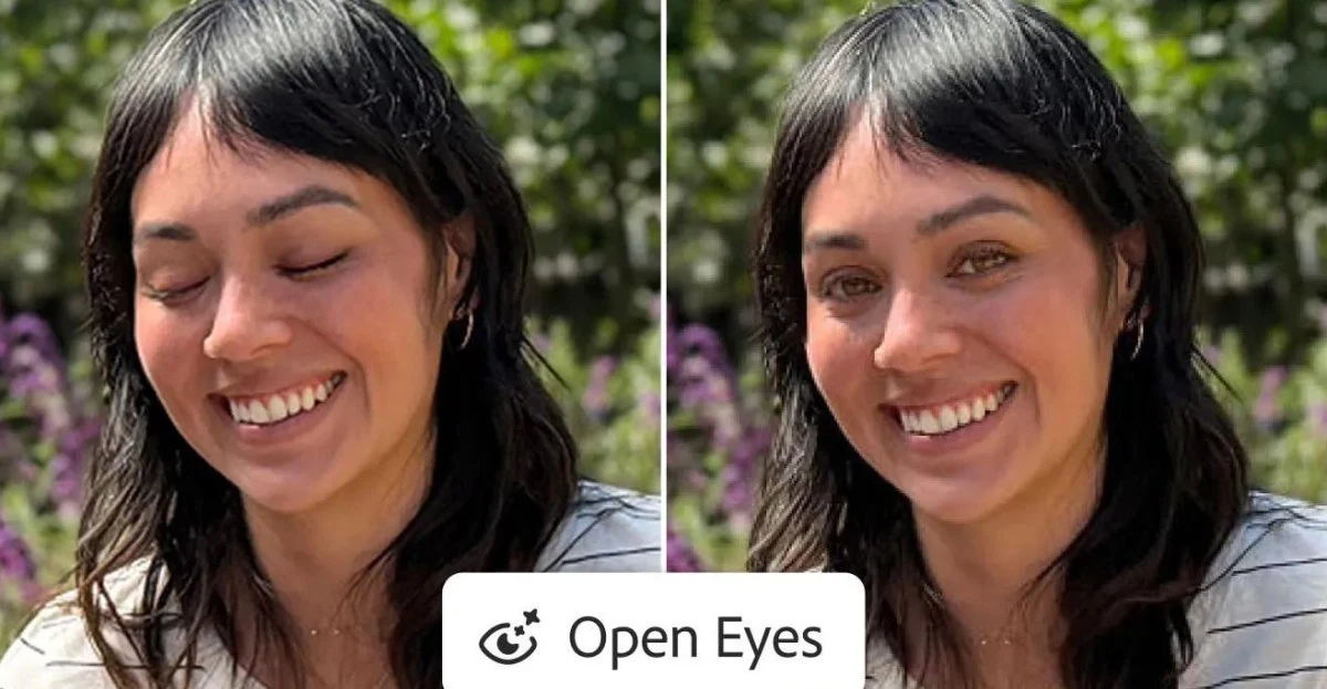 Tampilan fitur Open Eyes AI pada aplikasi Adobe Lightroom mobile untuk memperbaiki mata berkedip