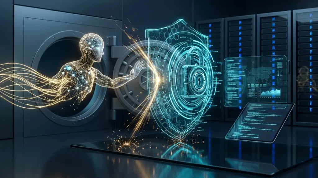Ilustrasi agen AI keuangan dan sistem keamanan perbankan digital modern