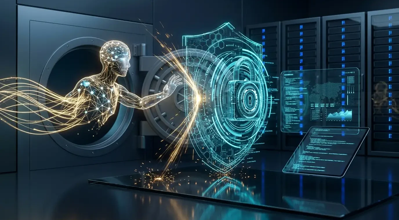 Ilustrasi agen AI keuangan dan sistem keamanan perbankan digital modern