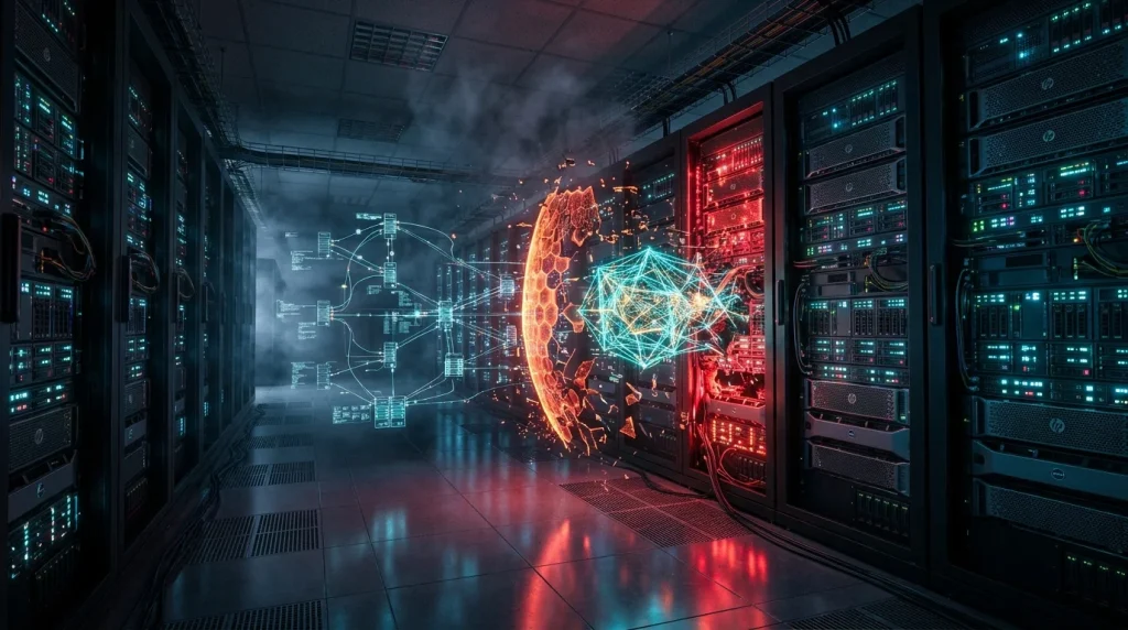 Ilustrasi ancaman peretas Agentic AI otonom membobol jaringan server enterprise dan cloud data center