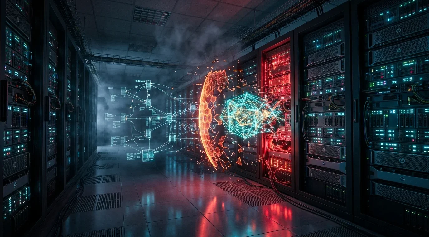 Ilustrasi ancaman peretas Agentic AI otonom membobol jaringan server enterprise dan cloud data center