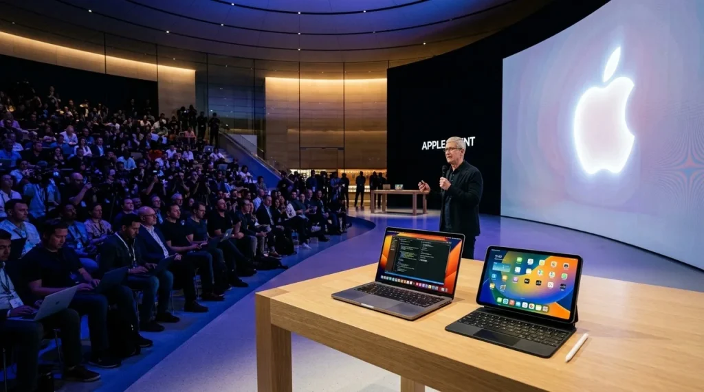 Panggung Apple Special Event dengan proyeksi logo Apple dan jajaran perangkat MacBook Pro serta iPad terbaru