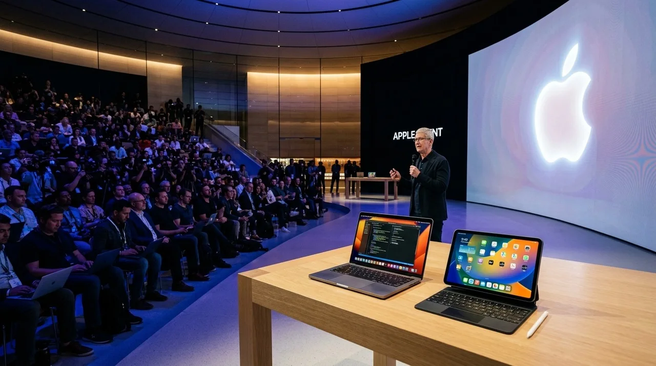 Panggung Apple Special Event dengan proyeksi logo Apple dan jajaran perangkat MacBook Pro serta iPad terbaru