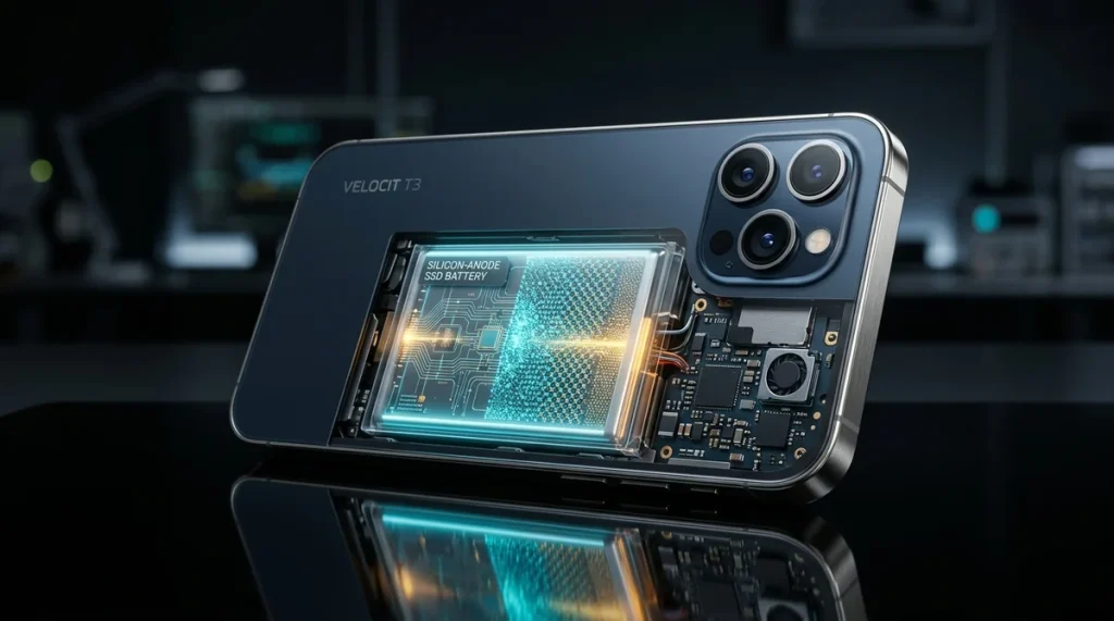 Ilustrasi konsep baterai solid-state silikon ponsel flagship via AI
