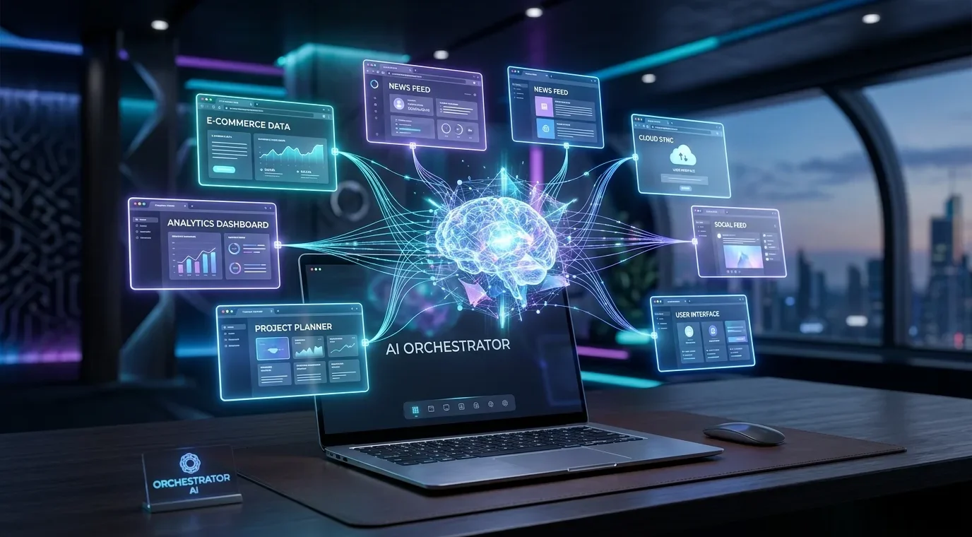 Ilustrasi antarmuka asisten AI mengendalikan tab browser web secara otomatis
