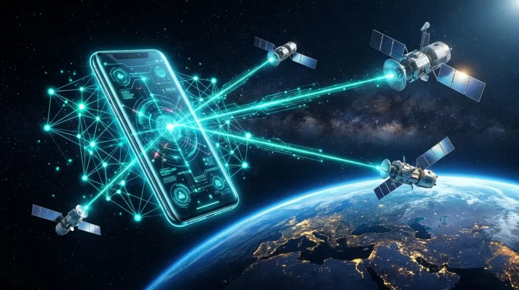 Ilustrasi smartphone modern terhubung ke jaringan satelit LEO dan kecerdasan buatan lokal