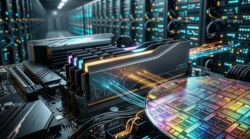 Ilustrasi kepingan modul memori RAM komputer di tengah server pusat data AI