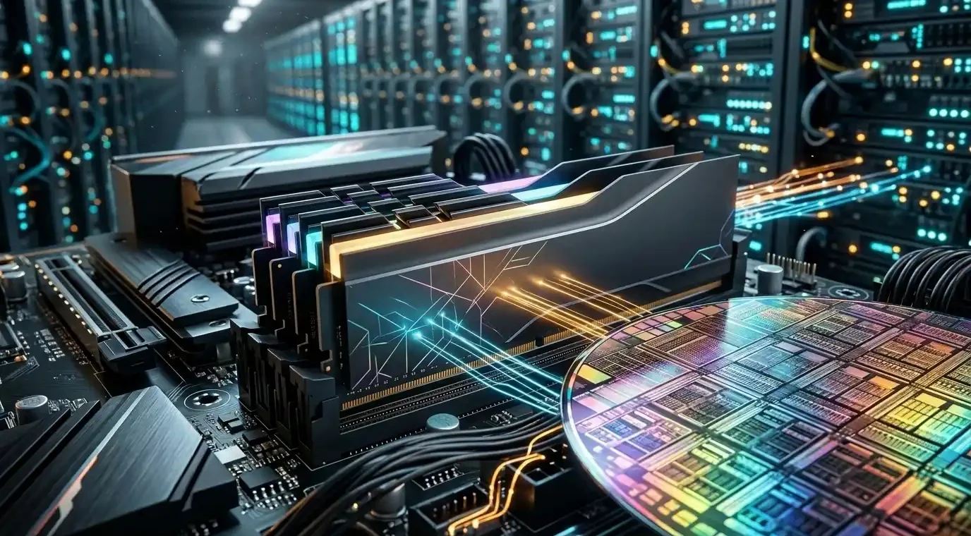 Ilustrasi kepingan modul memori RAM komputer di tengah server pusat data AI