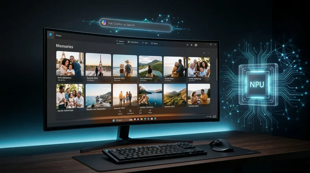 Tampilan antarmuka aplikasi Microsoft Photos di Windows 11 dengan pencarian semantik cerdas