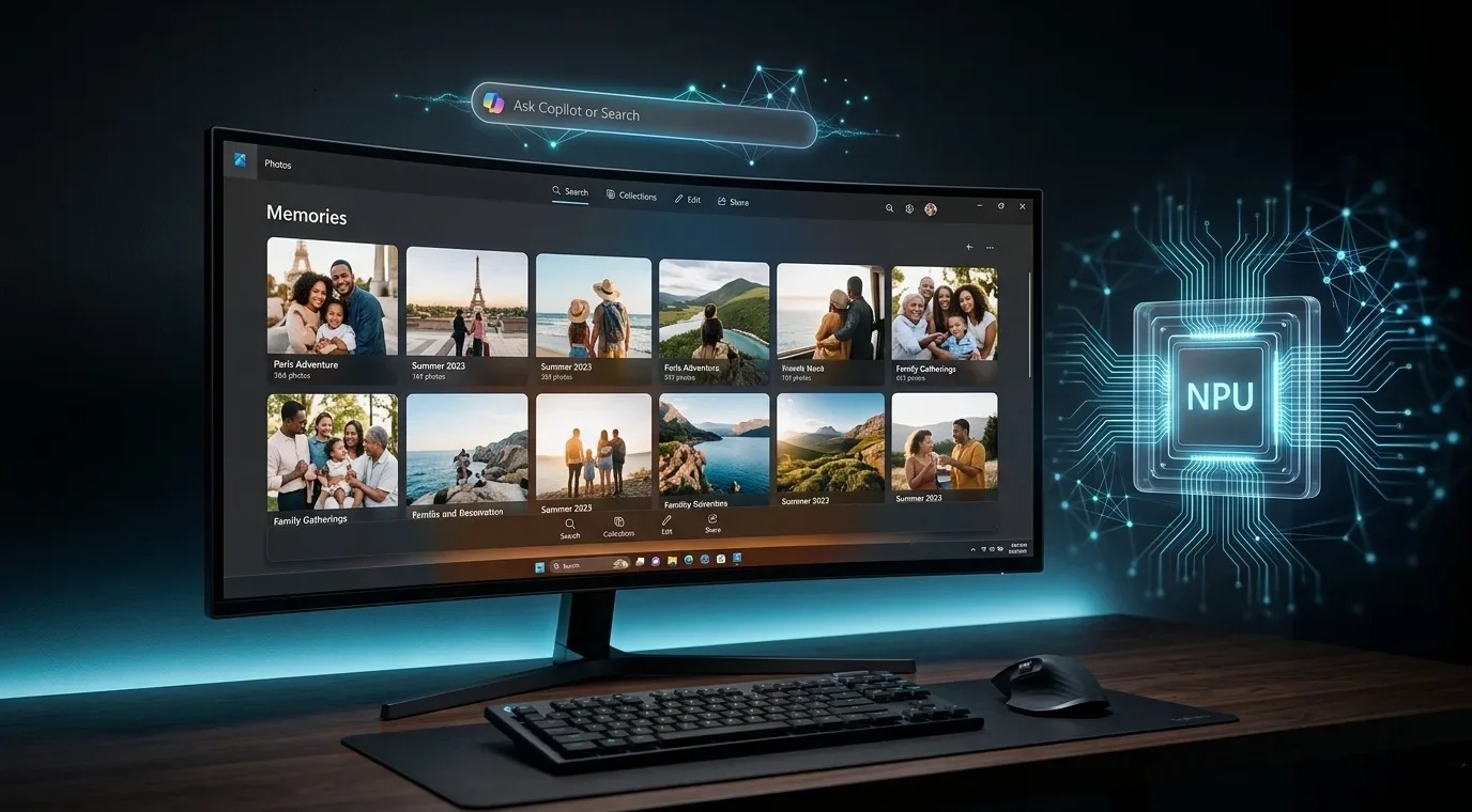 Tampilan antarmuka aplikasi Microsoft Photos di Windows 11 dengan pencarian semantik cerdas