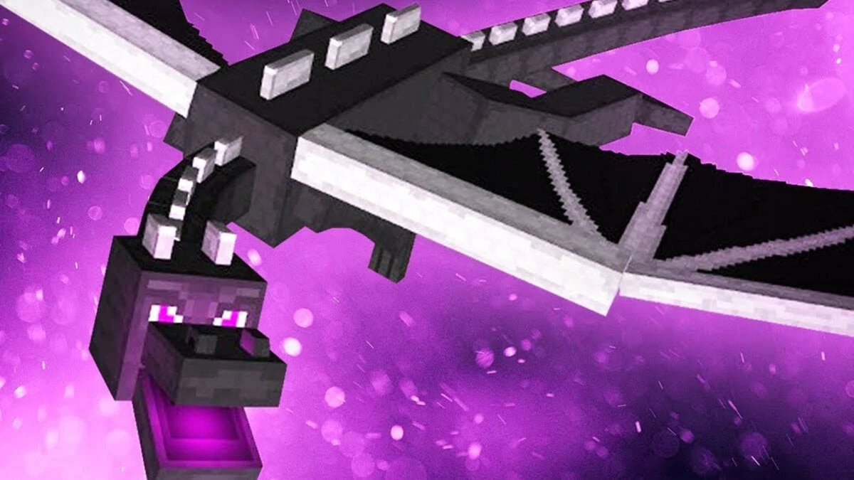 Ilustrasi pertarungan naga Ender Dragon di dunia Minecraft