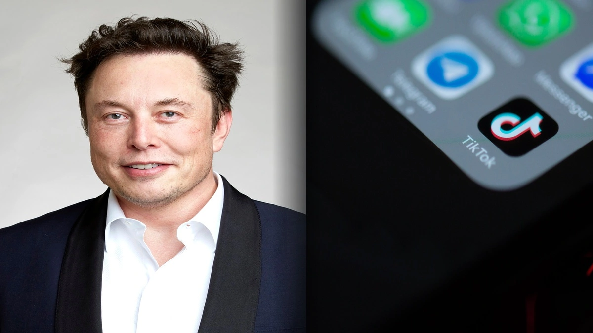 Elon Musk dan aplikasi TikTok di layar smartphone terkait pemblokiran akun promosi film dokumenter