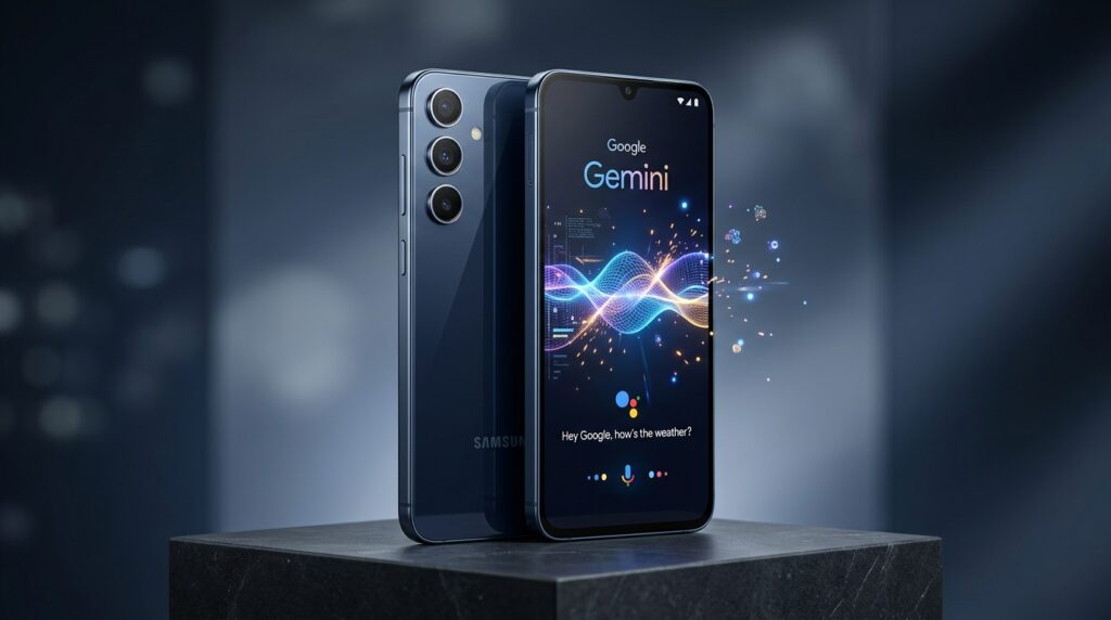 Smartphone Samsung Galaxy A18 dengan antarmuka kecerdasan buatan Google Gemini