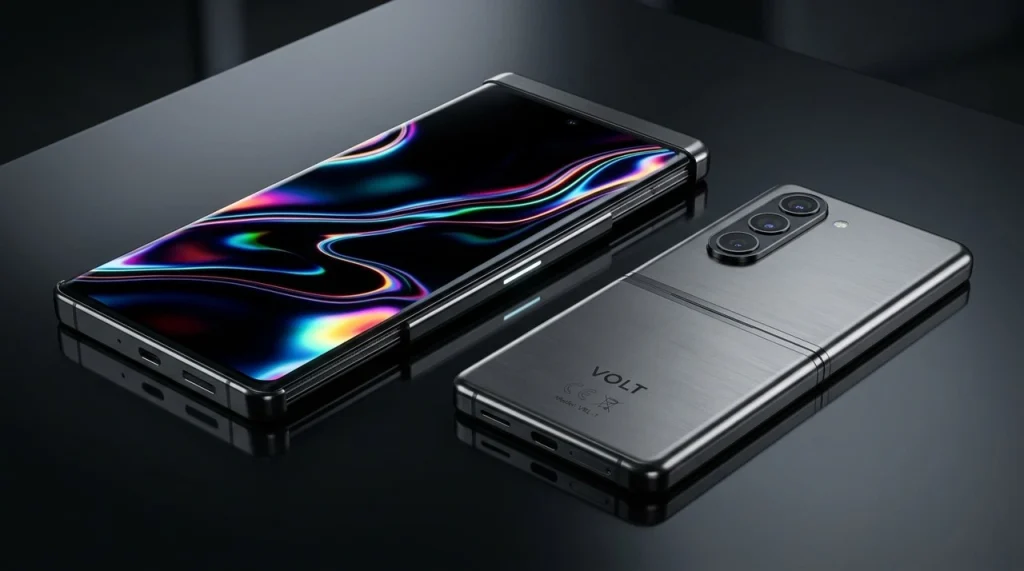 Ilustrasi konsep desain Samsung Galaxy Z Slide dengan mekanisme layar geser otomatis rollable OLED tanpa bekas lipatan