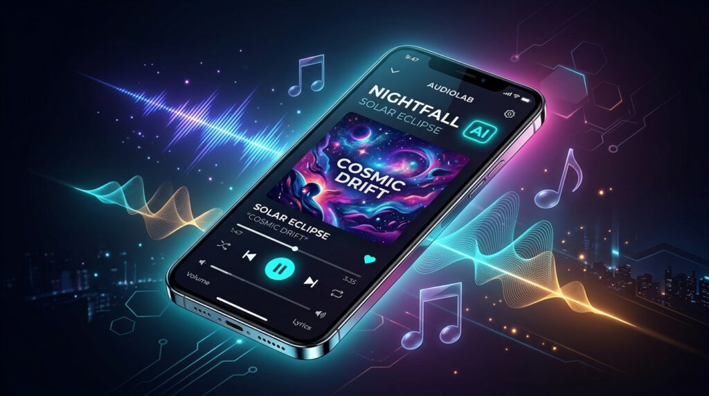 Ilustrasi label musik buatan kecerdasan buatan AI pada aplikasi YouTube Music